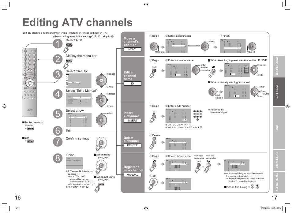 Editing atv channels, Editing atv channels ····················· 16, Select a row edit move a channel’s position | Edit a channel name, Insert a channel, Delete a channel, Register a new channel, Select atv, Import ant! prep are use settings trouble, Move | JVC DynaPix LT-32DX7SJ User Manual | Page 10 / 26