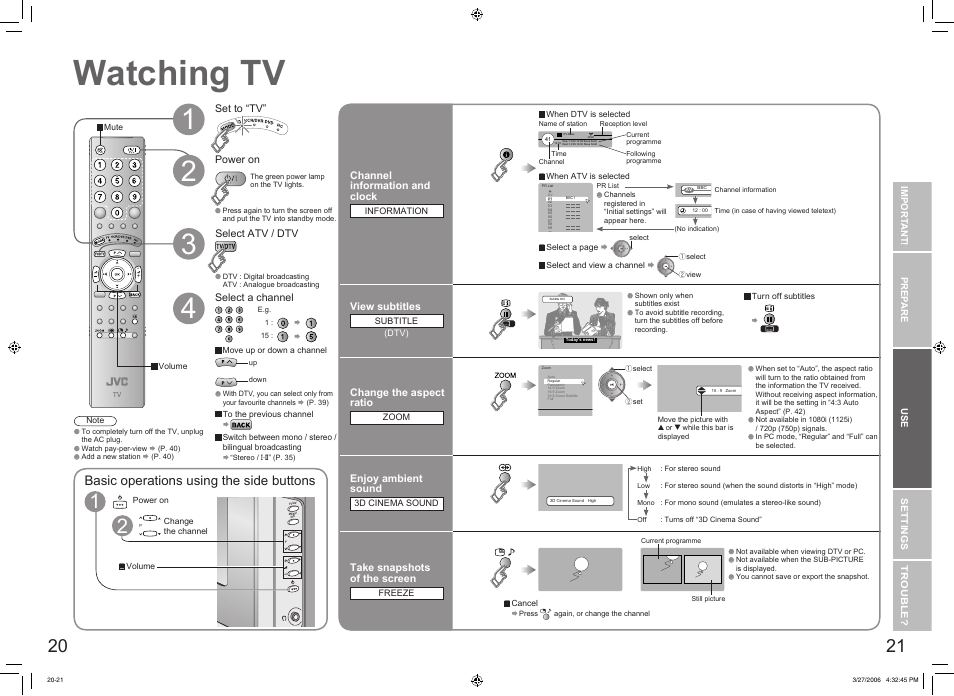 Watching tv, Watching tv ··································· 20, Basic operations using the side buttons | JVC DynaPix LT-32DX7SJ User Manual | Page 12 / 26