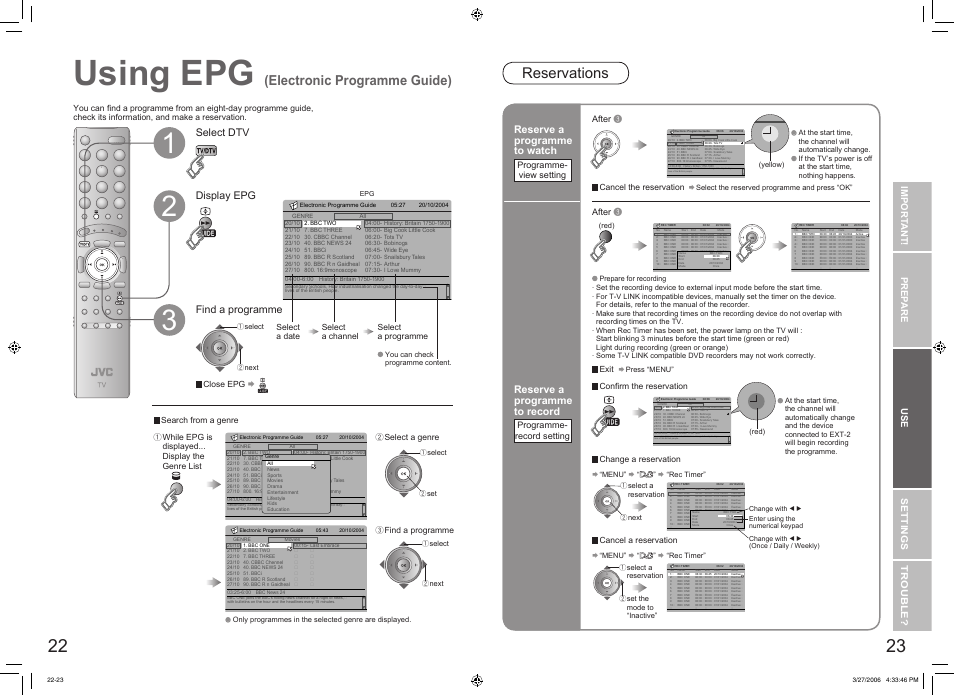 Using epg (electronic programme guide), Using epg ····································· 22, Using epg | Reservations, Electronic programme guide), Select dtv display epg find a programme, Reserve a programme to watch, Reserve a programme to record, Import ant! prep are use settings trouble, Programme- view setting | JVC DynaPix LT-32DX7SJ User Manual | Page 13 / 26