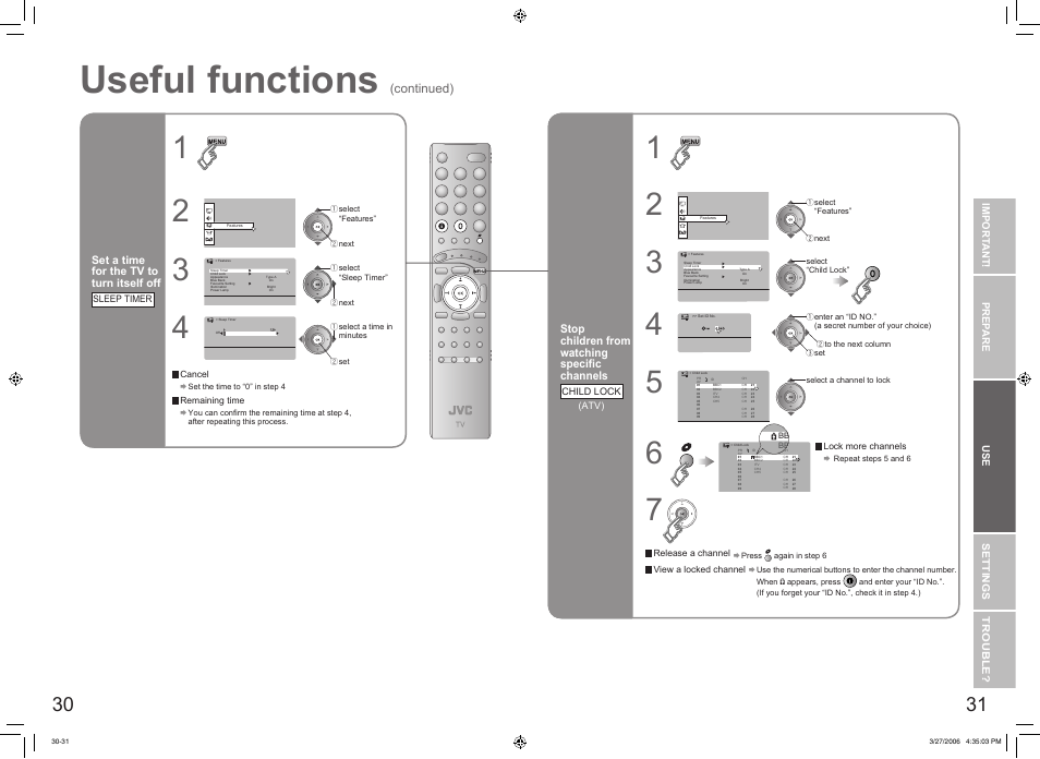 Useful functions, Continued), Set a time for the tv to turn itself off | Stop children from watching speciﬁc channels | JVC DynaPix LT-32DX7SJ User Manual | Page 17 / 26