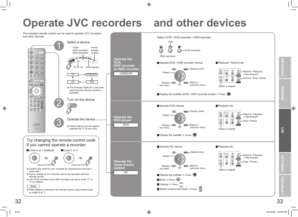 Operate jvc recorders and other devices, Operate jvc recorders and other devices ··· 32, Operate jvc recorders | And other devices | JVC DynaPix LT-32DX7SJ User Manual | Page 18 / 26