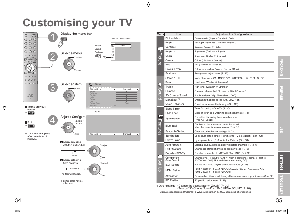 Just the way you like it, Customising your tv, Customising your tv ······················ 34 | Picture, Sound, Features, Set up | JVC DynaPix LT-32DX7SJ User Manual | Page 19 / 26