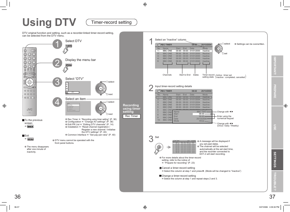Using dtv, Timer-record setting, Select dtv | Select an item | JVC DynaPix LT-32DX7SJ User Manual | Page 20 / 26