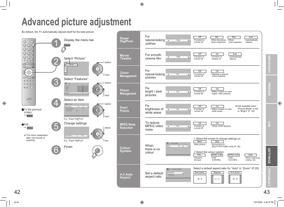 Advanced picture adjustment, Reduce noise / watch a more natural picture, Set the aspect ratio, etc | Advanced picture adjustment ········· 42 | JVC DynaPix LT-32DX7SJ User Manual | Page 23 / 26