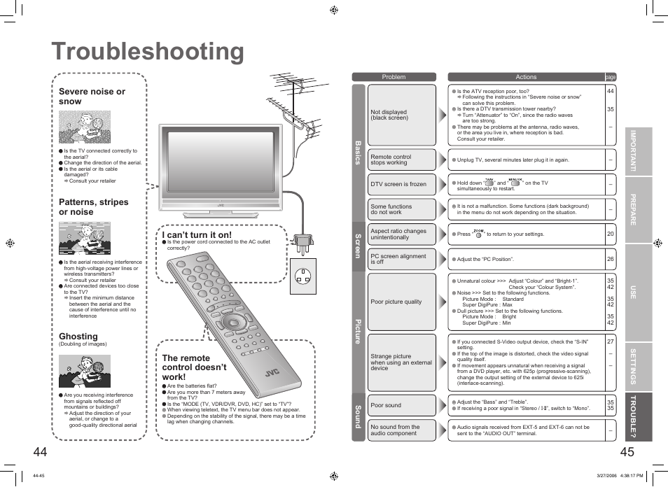 When you have trouble, Troubleshooting, Troubleshooting ····························· 44 | Severe noise or snow, Patterns, stripes or noise i can’t turn it on, The remote control doesn’t work, Ghosting | JVC DynaPix LT-32DX7SJ User Manual | Page 24 / 26