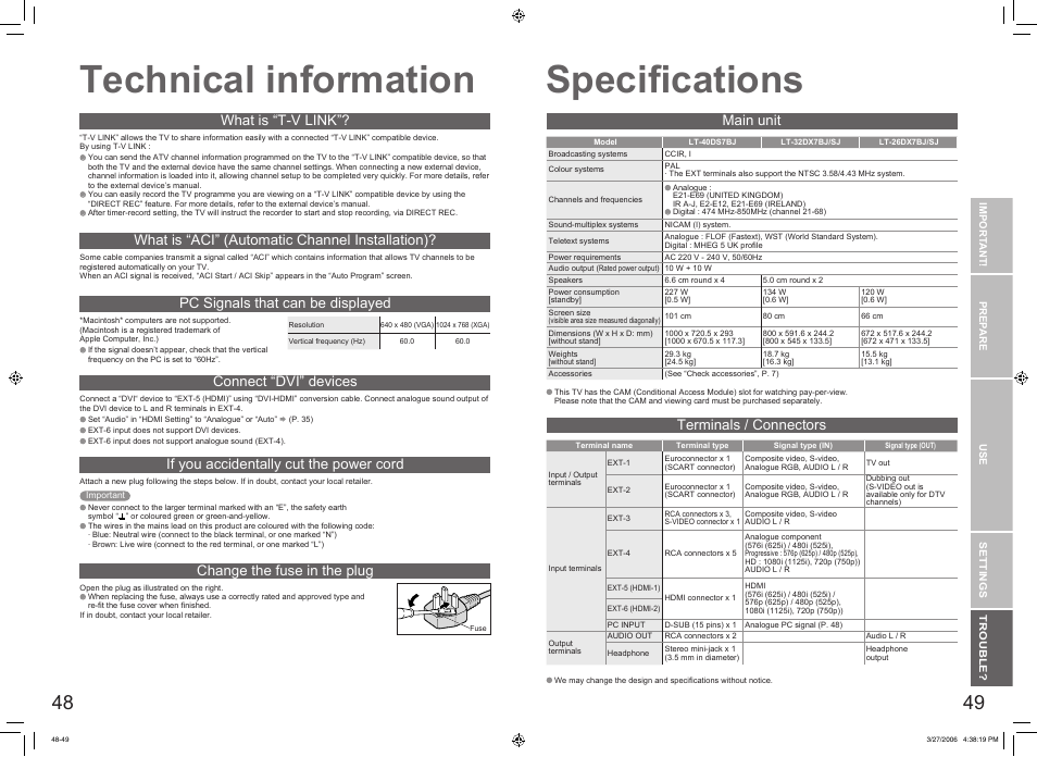 Technical information, Specifications, Technical information ····················· 48 | Speciﬁcations ································· 49, Speciﬁcations, Main unit terminals / connectors | JVC DynaPix LT-32DX7SJ User Manual | Page 26 / 26