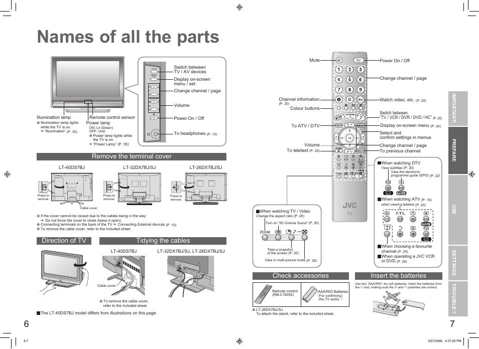 Getting started, Names of all the parts, Names of all the parts ······················ 6 | Remove the terminal cover direction of tv, Check accessories, Insert the batteries, Tidying the cables | JVC DynaPix LT-32DX7SJ User Manual | Page 5 / 26