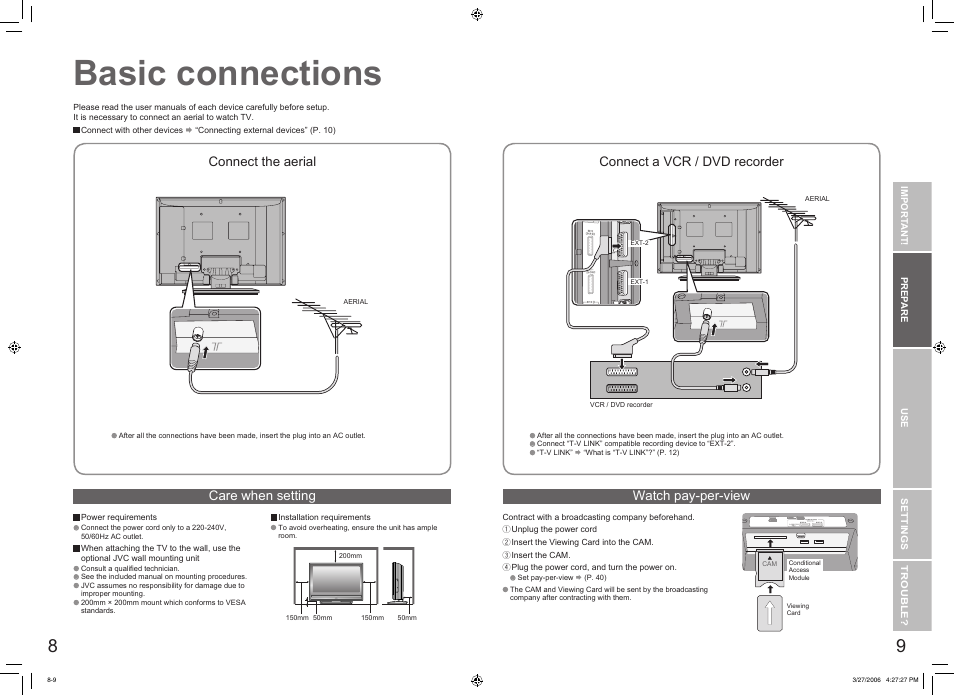 Basic connections, Basic connections ···························· 8, Care when setting watch pay-per-view | Connect the aerial, Connect a vcr / dvd recorder | JVC DynaPix LT-32DX7SJ User Manual | Page 6 / 26