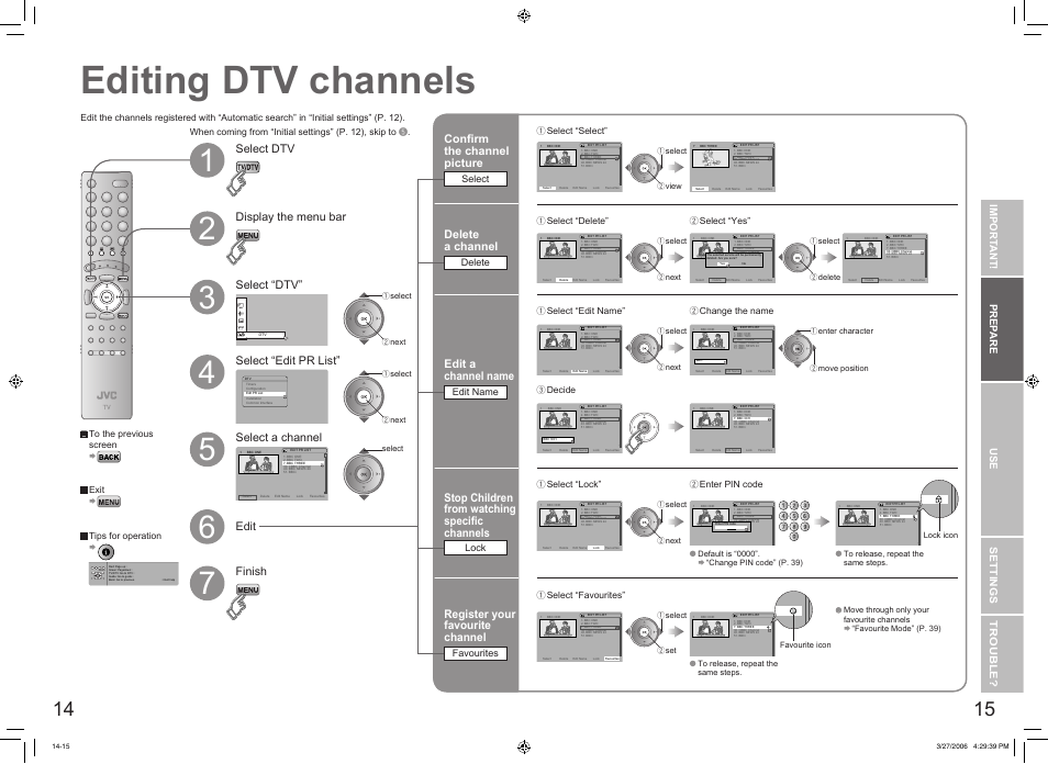 Editing dtv channels, Editing dtv channels ····················· 14, Conﬁrm the channel picture | Edit a channel name, Delete a channel, Stop children from watching speciﬁc channels, Register your favourite channel, Import ant! prep are use settings trouble, Select, Edit name | JVC DynaPix LT-32DX7SJ User Manual | Page 9 / 26