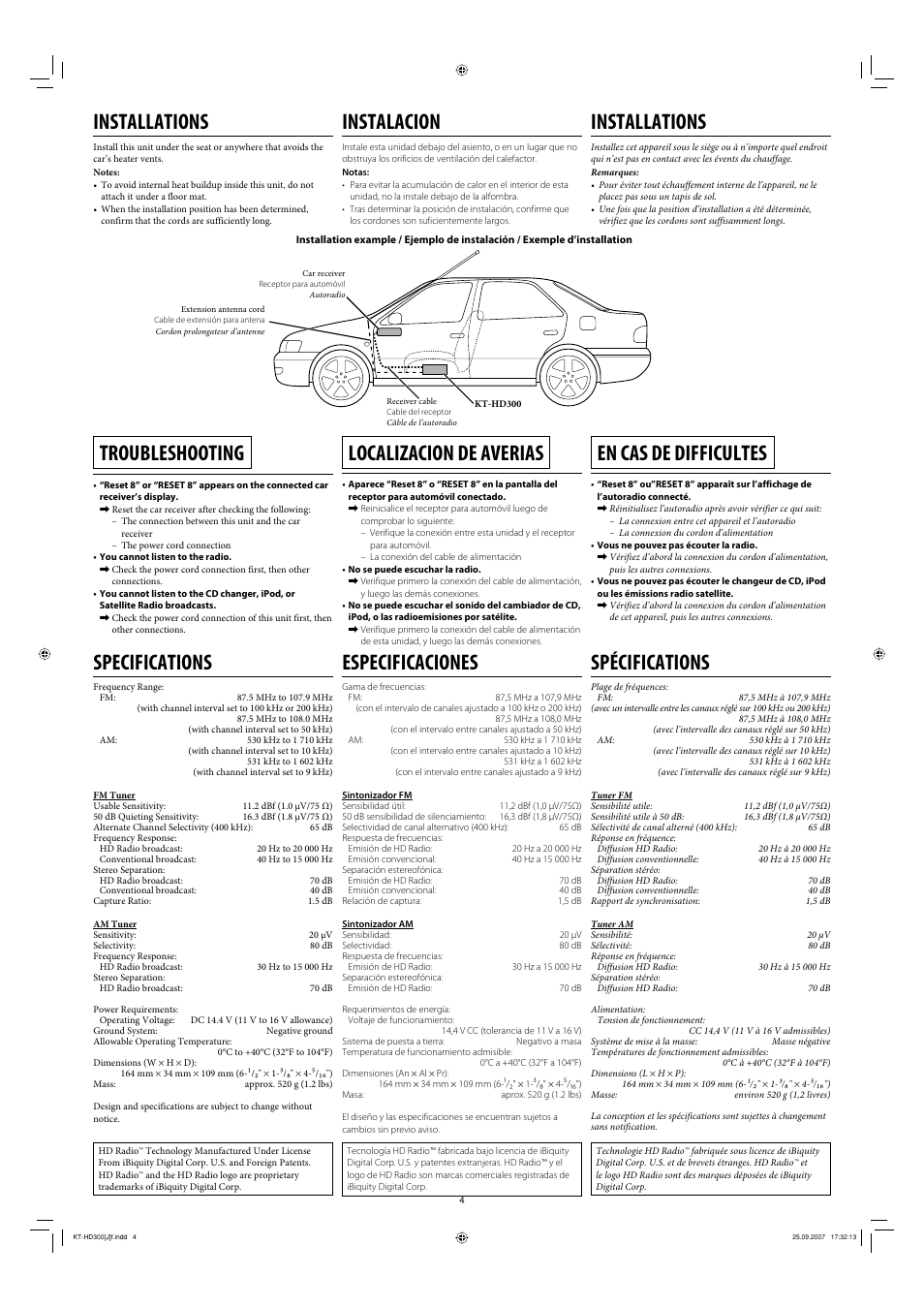 Installations, Troubleshooting, Specifications | Instalacion, Spécifications, Especificaciones, En cas de difficultes, Localizacion de averias | JVC LVT1762-001A User Manual | Page 4 / 4