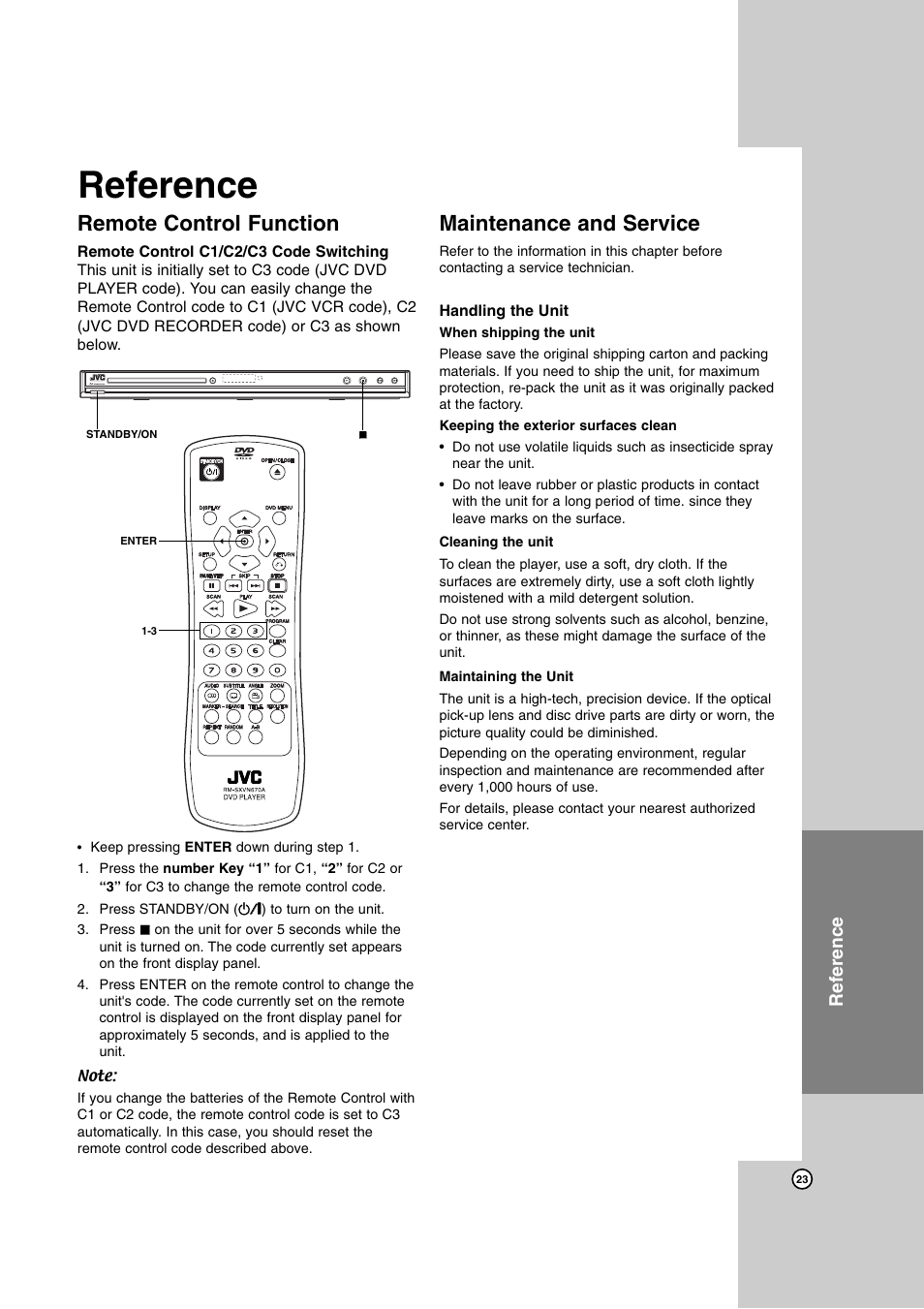 Reference, Remote control function, Maintenance and service | JVC XV-N682S User Manual | Page 23 / 28