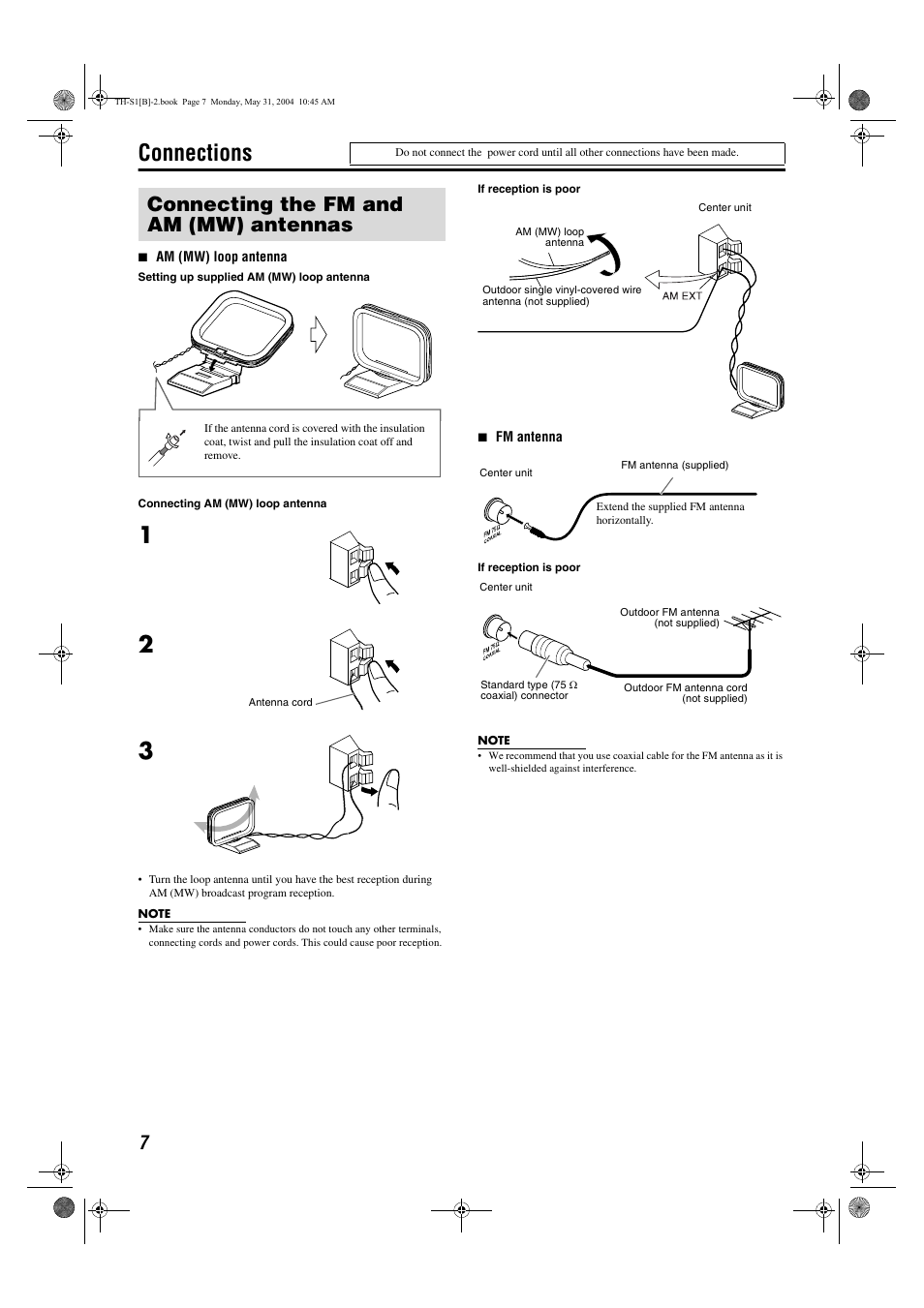 Connections, Connecting the fm and am (mw) antennas | JVC TH-S1 User Manual | Page 10 / 44