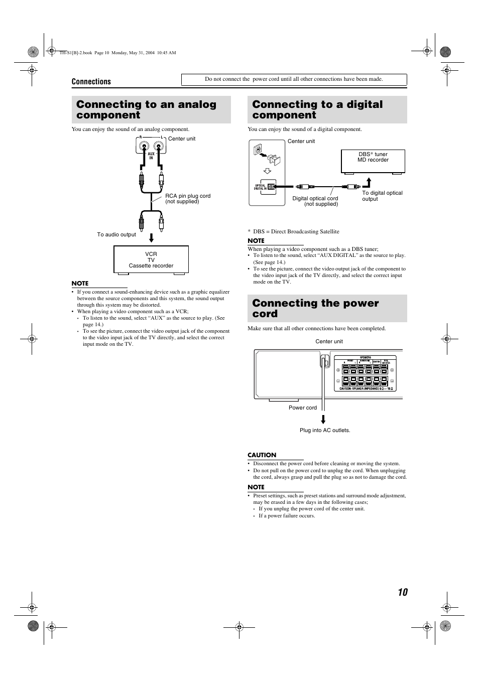 Connecting to an analog component, Connections | JVC TH-S1 User Manual | Page 13 / 44
