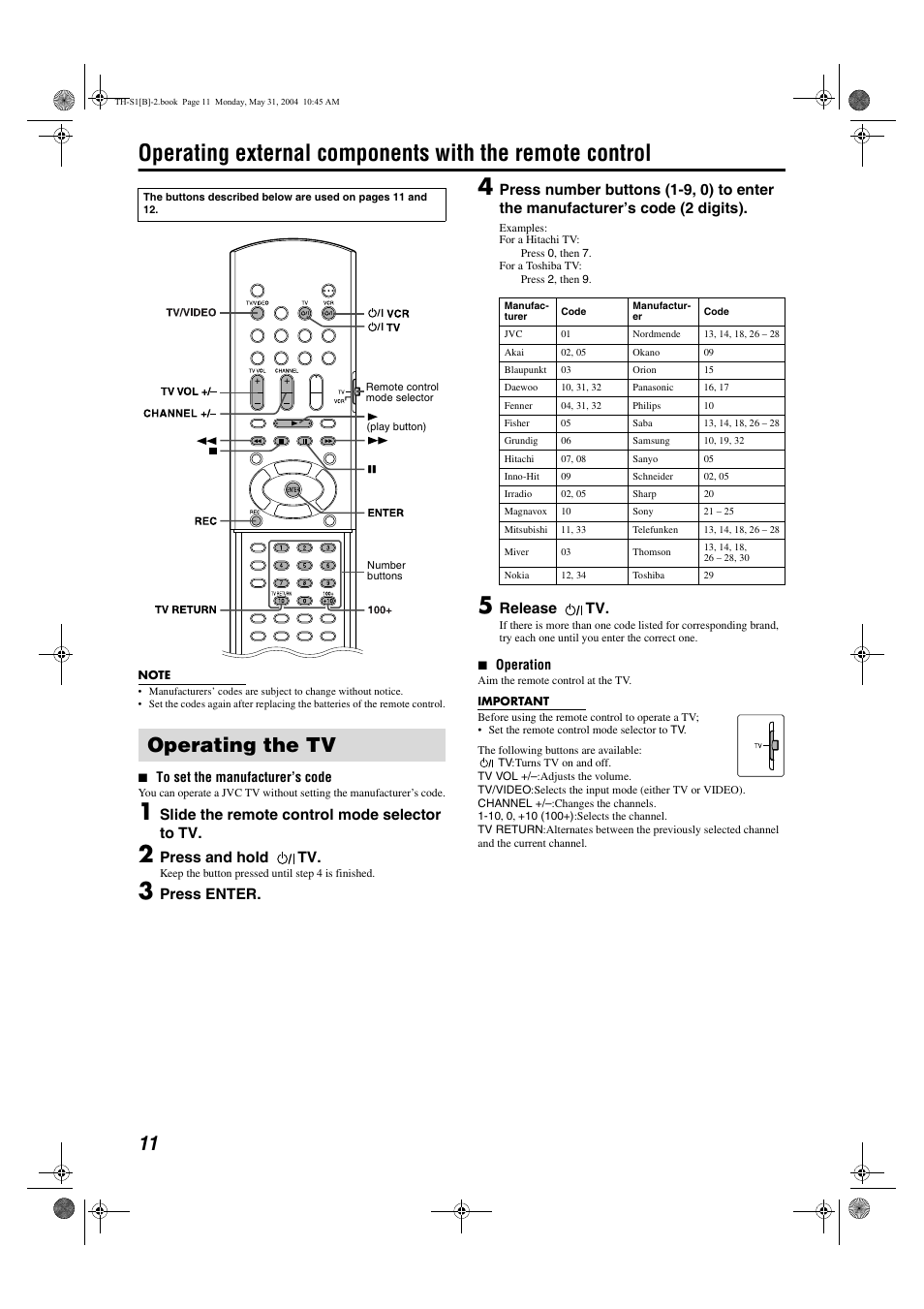 Operating the tv | JVC TH-S1 User Manual | Page 14 / 44