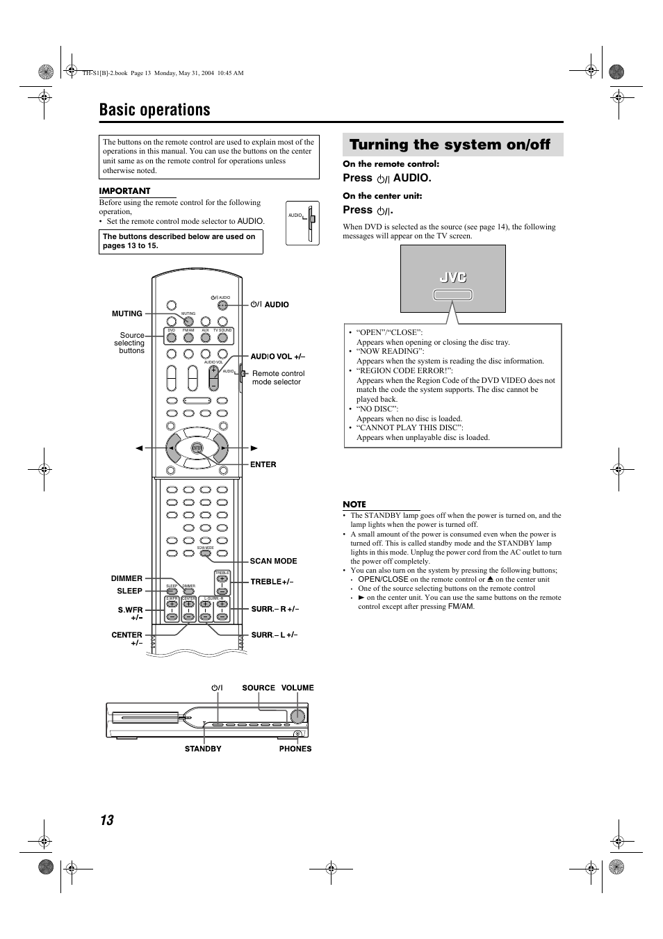 Basic operations, Turning the system on/off, Press audio | Press | JVC TH-S1 User Manual | Page 16 / 44