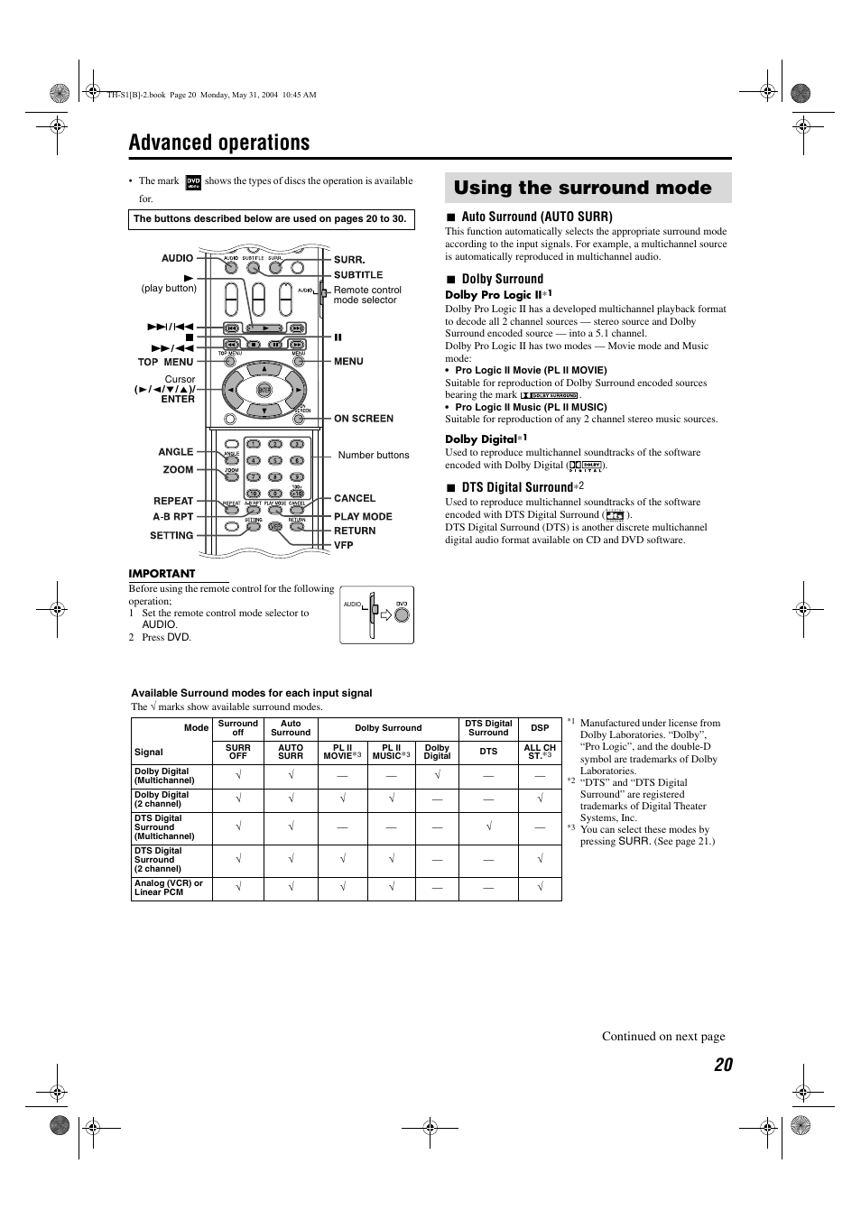 Advanced operations, Using the surround mode, 7auto surround (auto surr) | 7dolby surround, 7dts digital surround, Continued on next page | JVC TH-S1 User Manual | Page 23 / 44