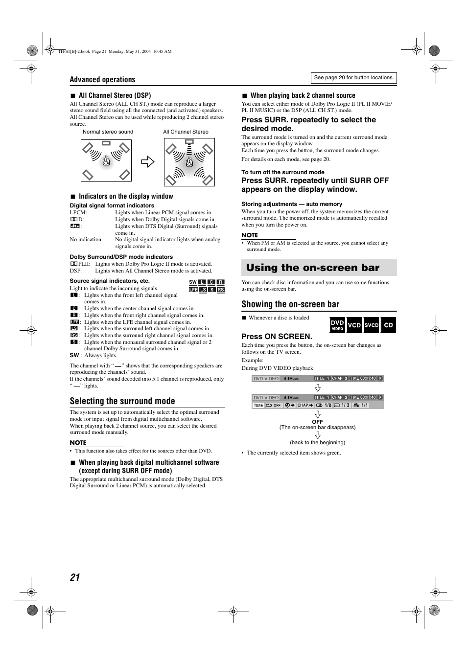 Using the on-screen bar, Selecting the surround mode, Showing the on-screen bar | JVC TH-S1 User Manual | Page 24 / 44