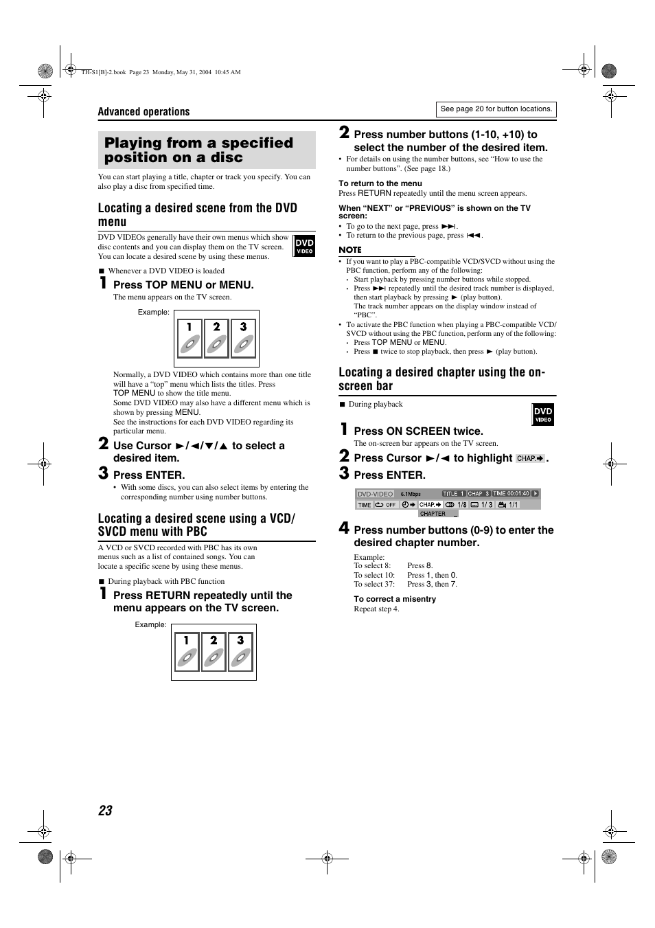 Playing from a specified position on a disc, Locating a desired scene from the dvd menu | JVC TH-S1 User Manual | Page 26 / 44