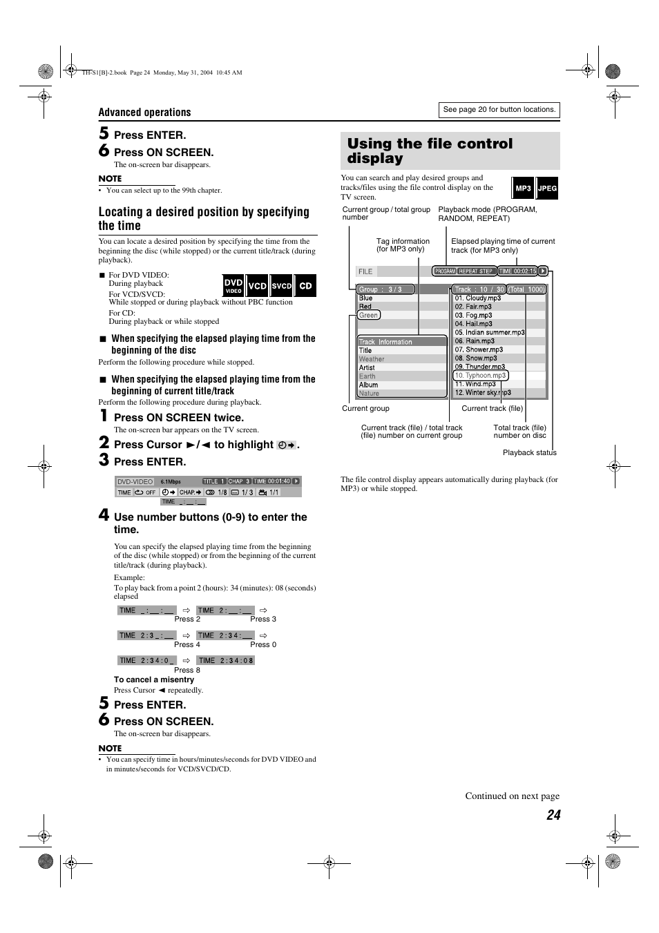Using the file control display, Locating a desired position by specifying the time | JVC TH-S1 User Manual | Page 27 / 44