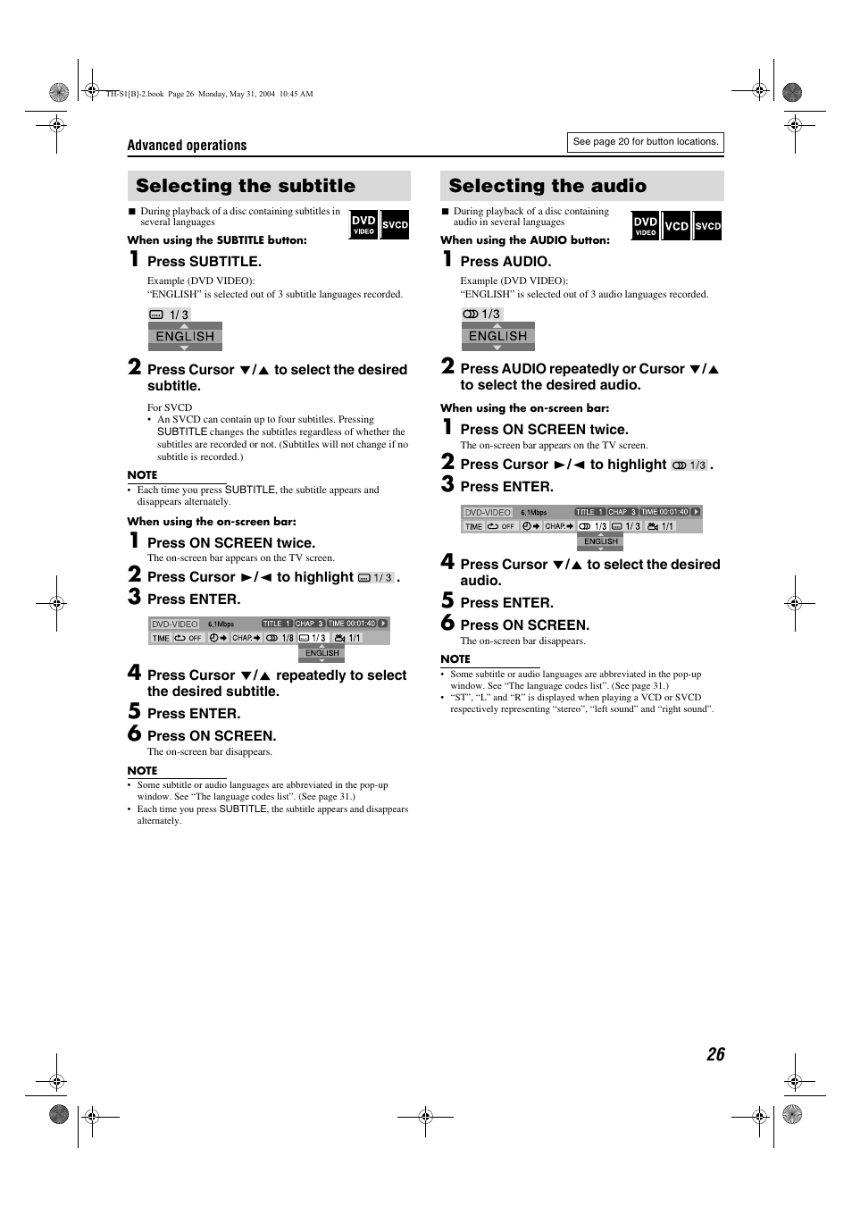 Selecting the subtitle selecting the audio | JVC TH-S1 User Manual | Page 29 / 44