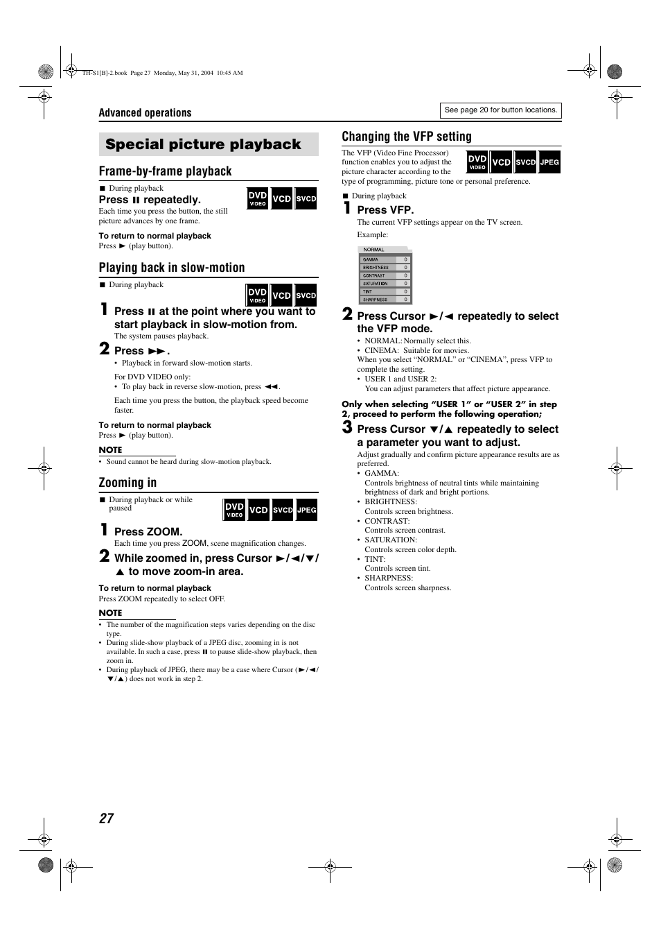 Special picture playback, Frame-by-frame playback, Playing back in slow-motion | Zooming in, Changing the vfp setting | JVC TH-S1 User Manual | Page 30 / 44