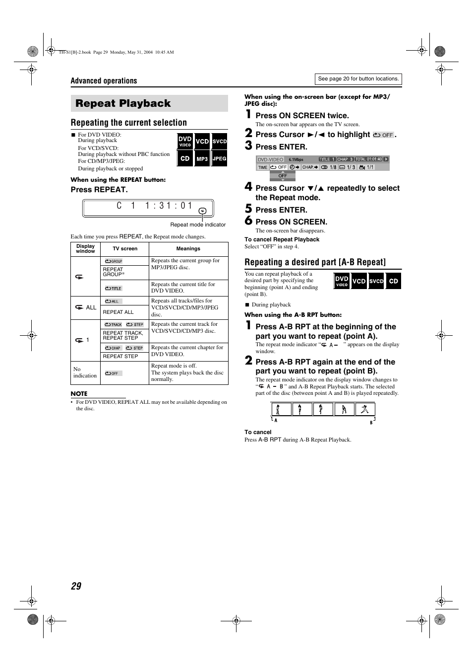 Repeat playback, Repeating the current selection, Repeating a desired part [a-b repeat | JVC TH-S1 User Manual | Page 32 / 44