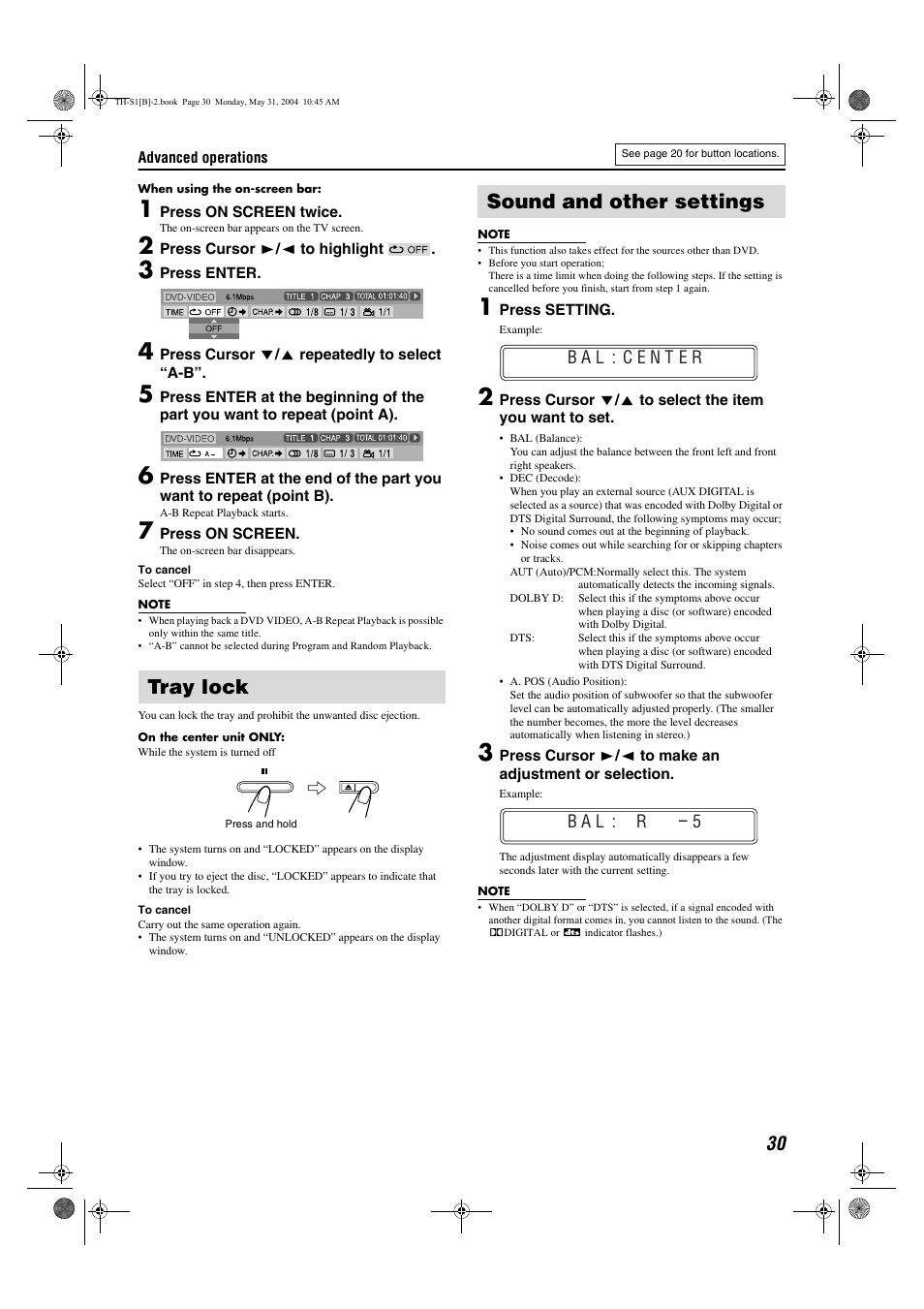 Tray lock, Sound and other settings | JVC TH-S1 User Manual | Page 33 / 44