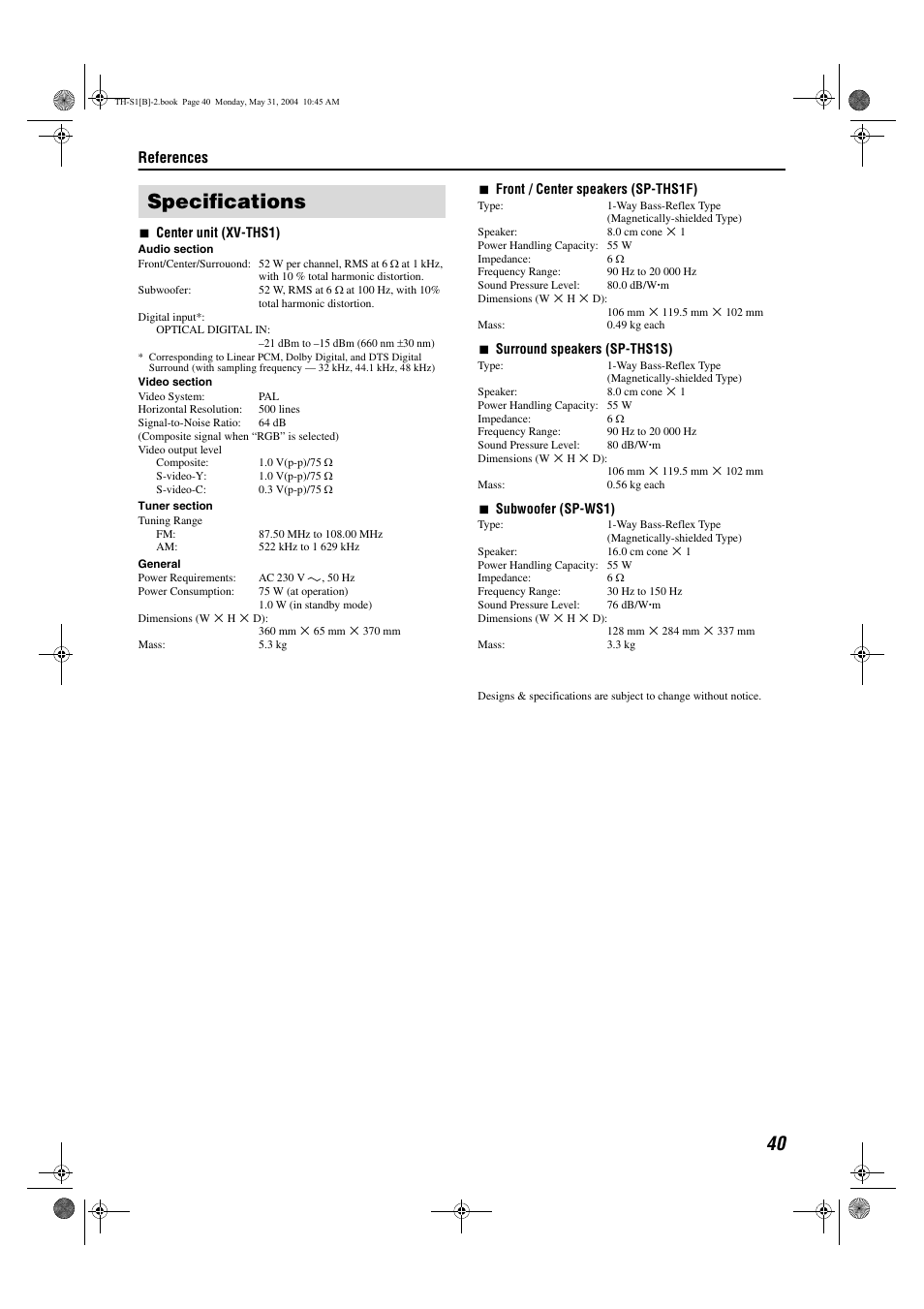 Specifications, References | JVC TH-S1 User Manual | Page 43 / 44