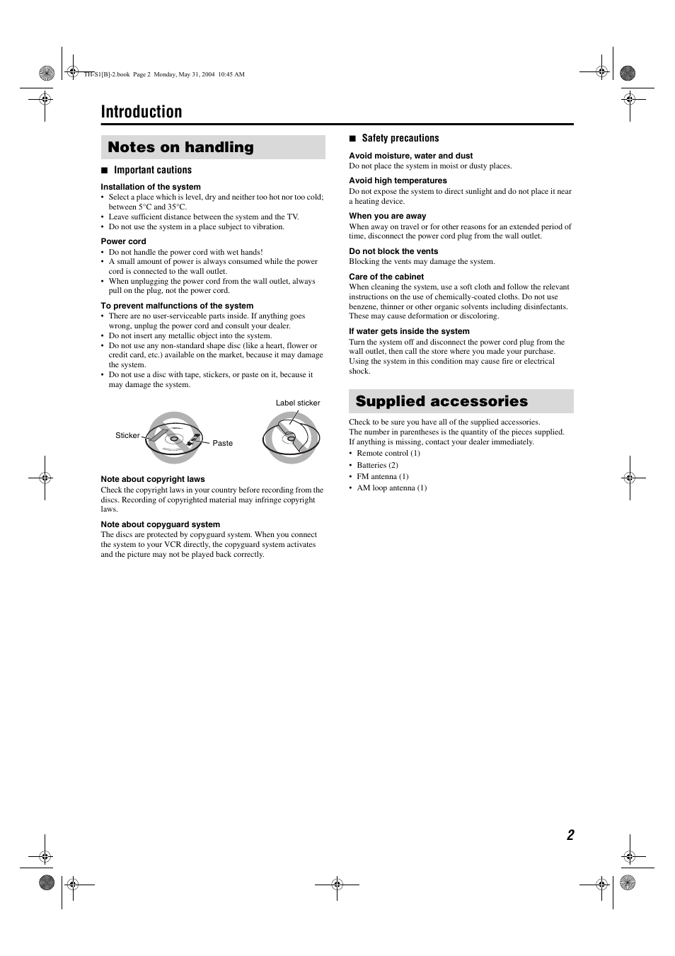 Introduction, Supplied accessories | JVC TH-S1 User Manual | Page 5 / 44