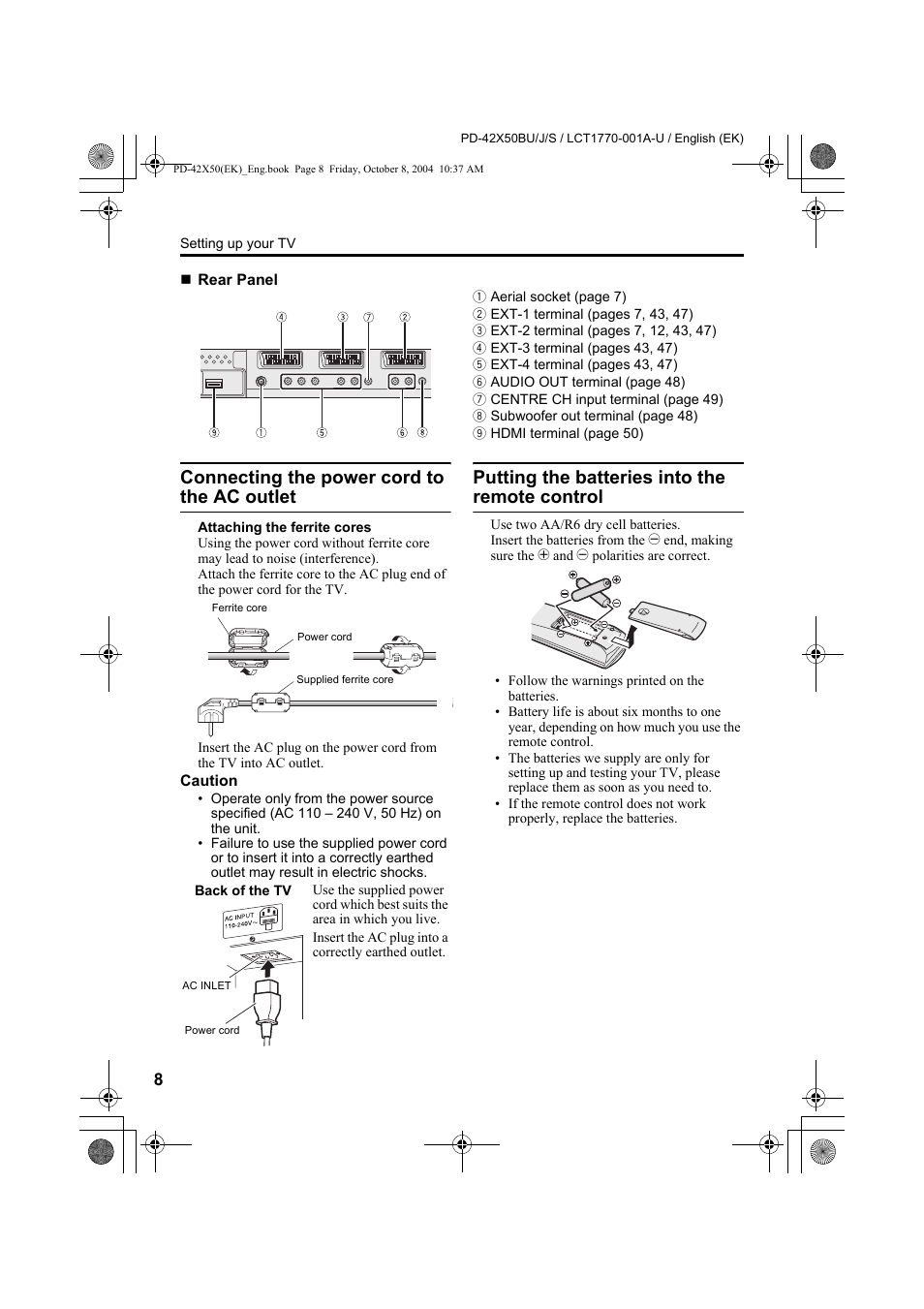 Connecting the power cord to the ac outlet, Putting the batteries into the remote control | JVC PD-42X50BU User Manual | Page 10 / 58