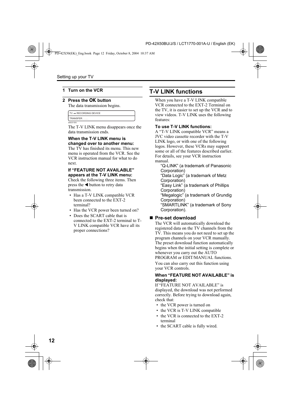 T-v link functions | JVC PD-42X50BU User Manual | Page 14 / 58