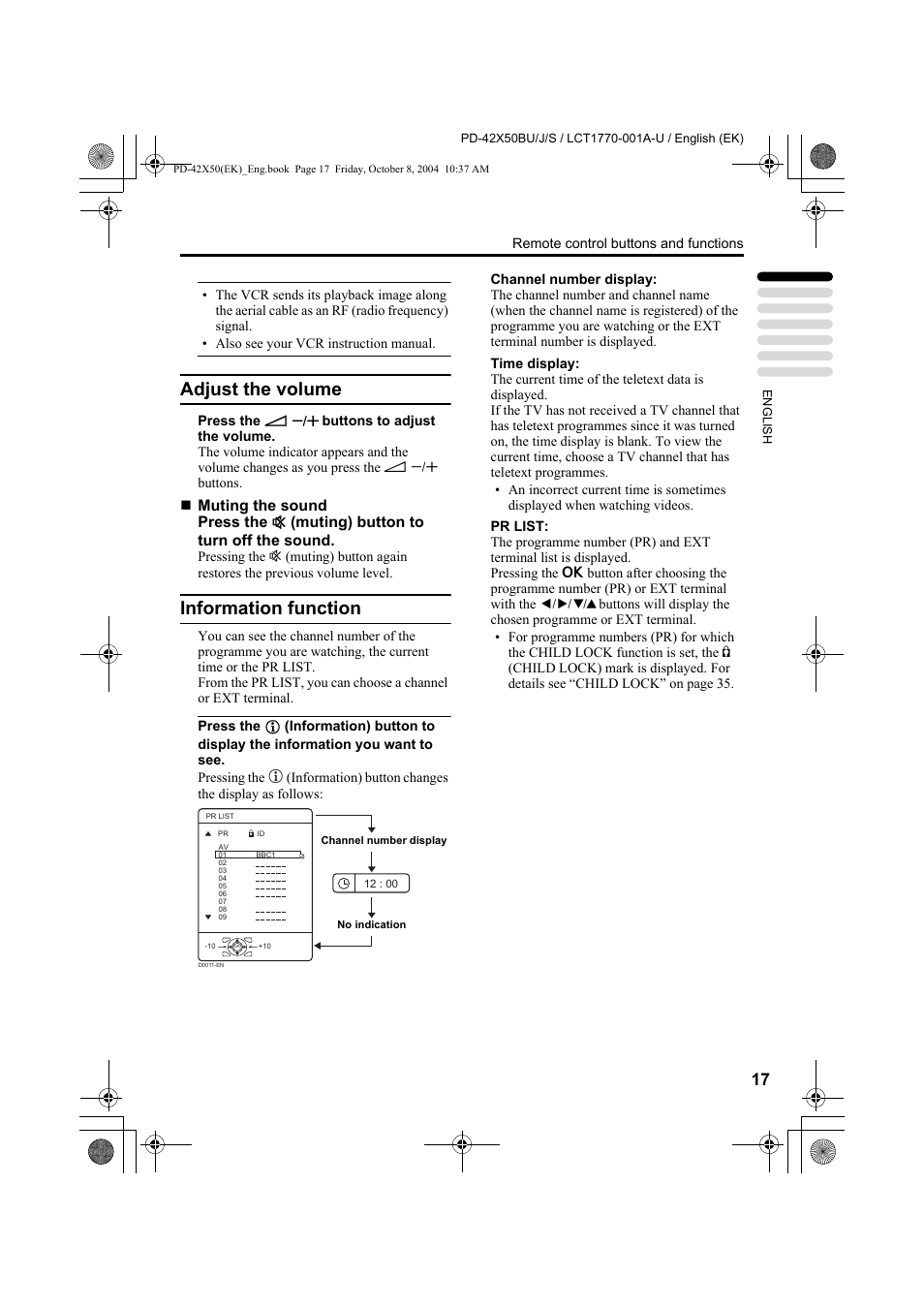 Adjust the volume, Information function | JVC PD-42X50BU User Manual | Page 19 / 58