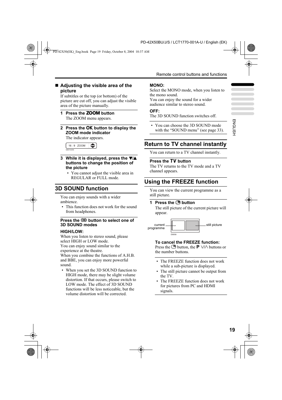 3d sound function, Return to tv channel instantly, Using the freeze function | JVC PD-42X50BU User Manual | Page 21 / 58