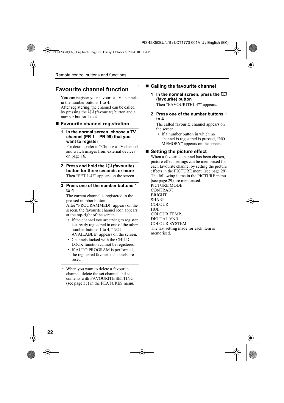 Favourite channel function | JVC PD-42X50BU User Manual | Page 24 / 58