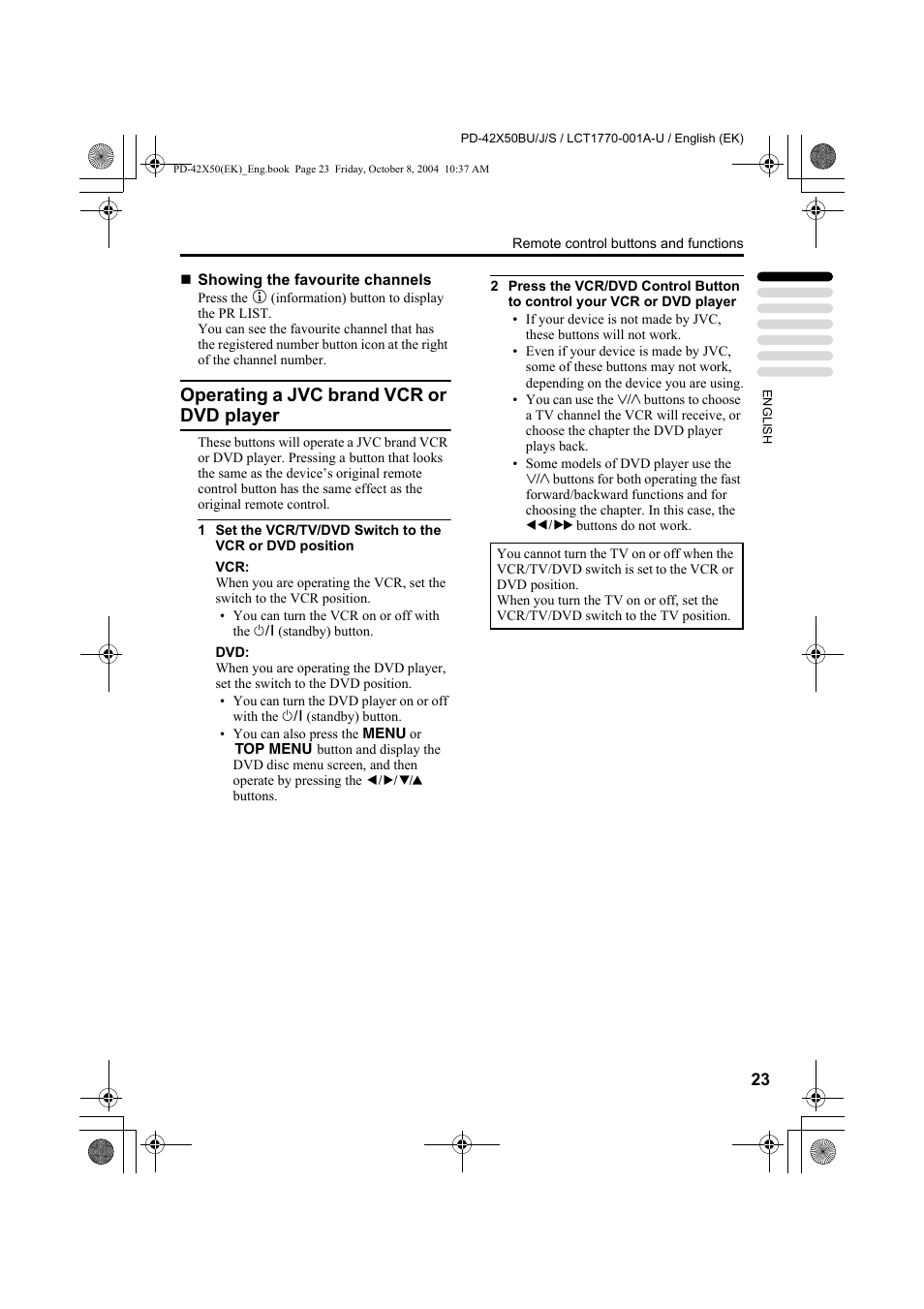 Operating a jvc brand vcr or dvd player | JVC PD-42X50BU User Manual | Page 25 / 58