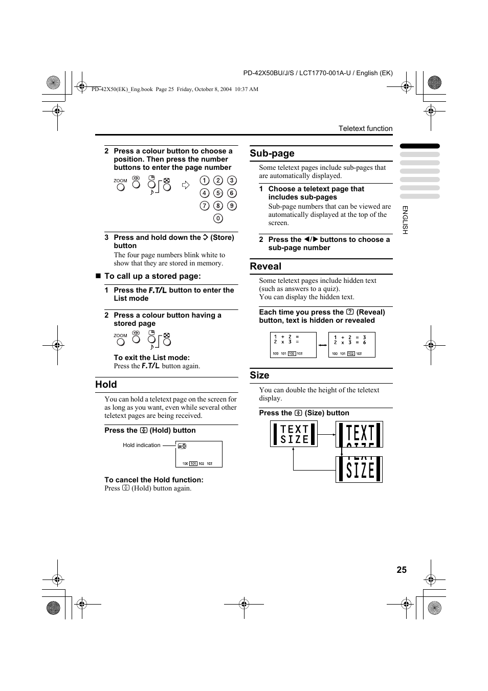 Hold, Sub-page, Reveal | Size | JVC PD-42X50BU User Manual | Page 27 / 58