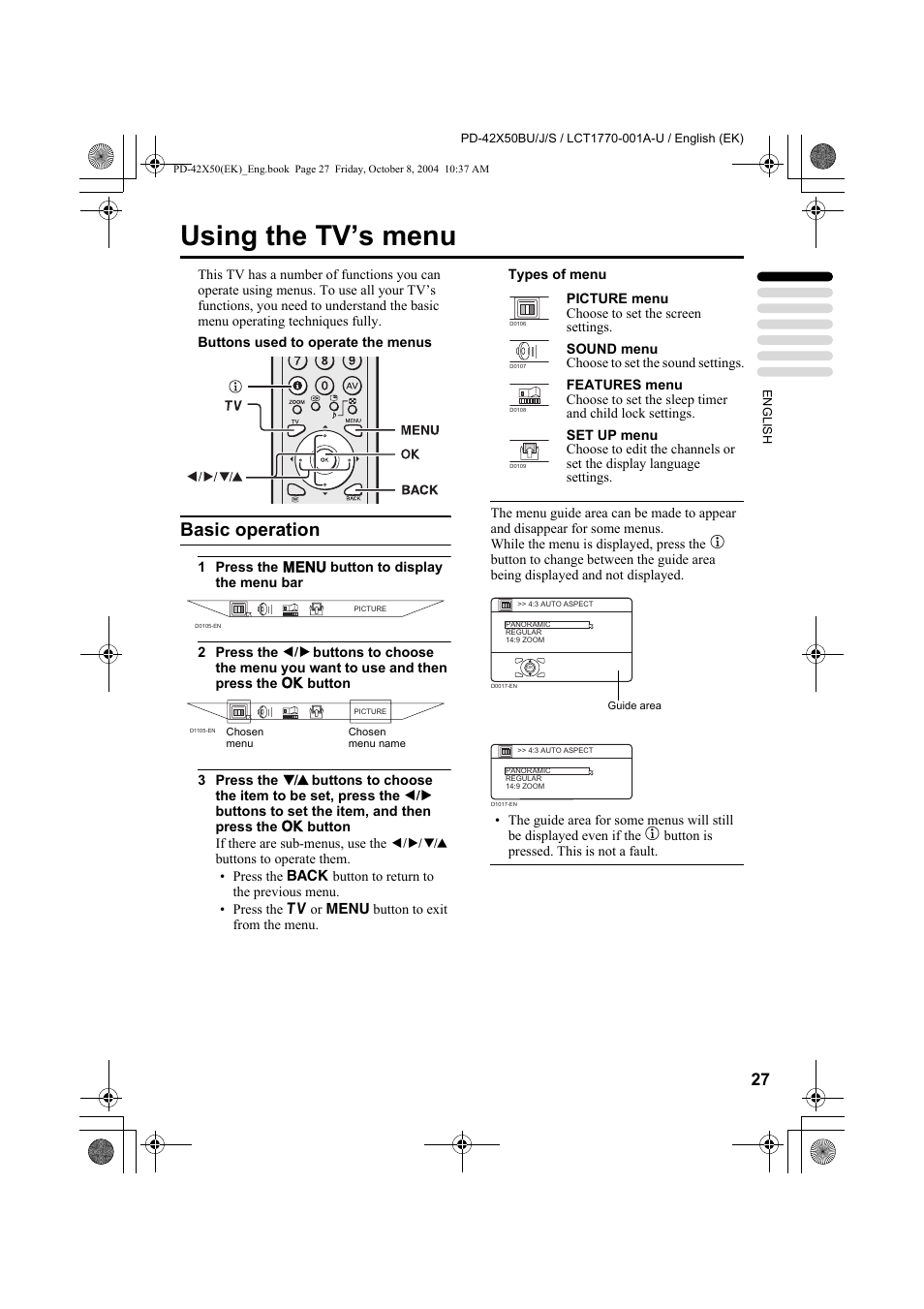 Using the tv’s menu, Basic operation | JVC PD-42X50BU User Manual | Page 29 / 58