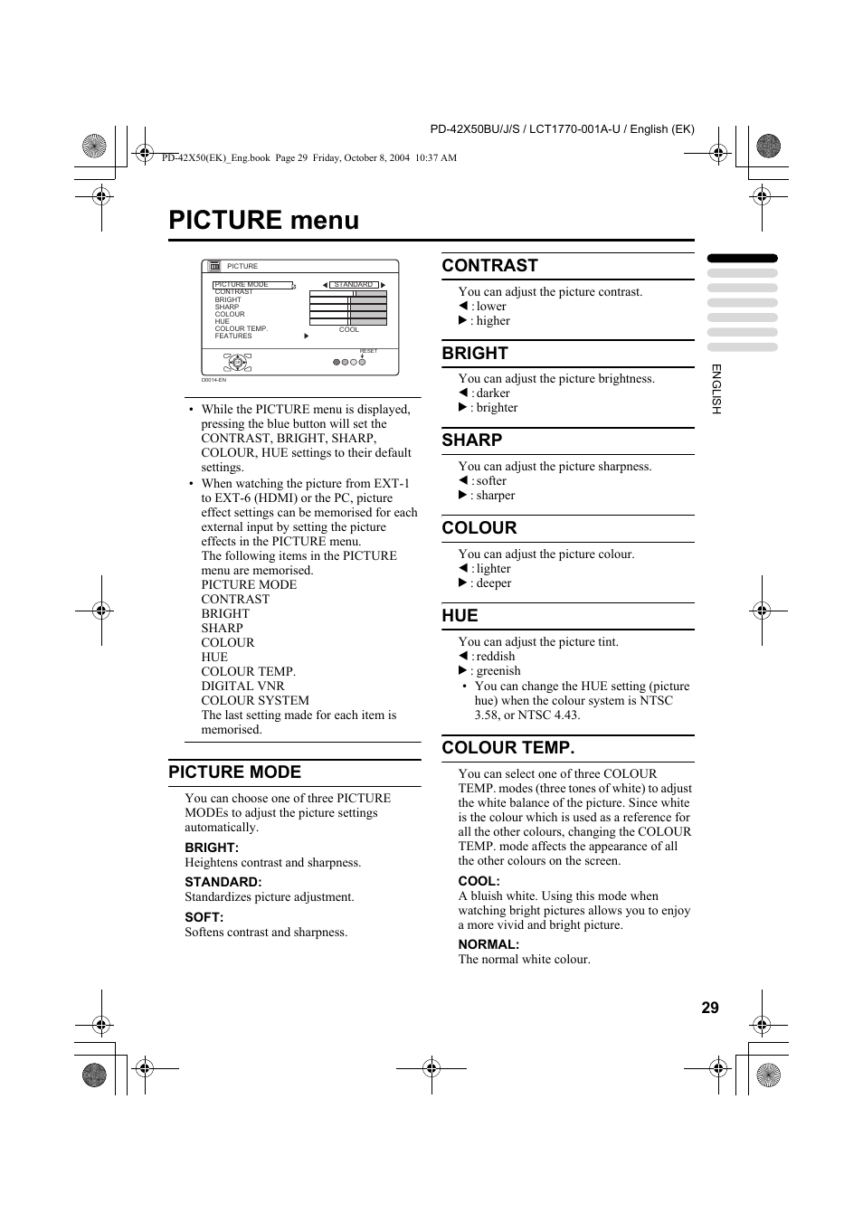 Picture menu, Picture mode, Contrast | Bright, Sharp, Colour, Colour temp | JVC PD-42X50BU User Manual | Page 31 / 58