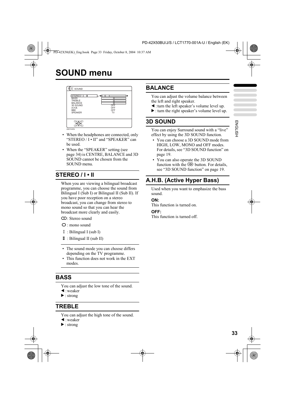 Sound menu, Stereo / i • ii, Bass | Treble, Balance, 3d sound, A.h.b. (active hyper bass) | JVC PD-42X50BU User Manual | Page 35 / 58