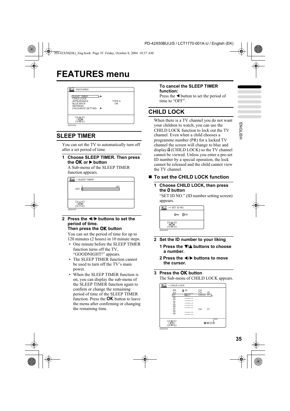 Features menu, Sleep timer, Child lock | JVC PD-42X50BU User Manual | Page 37 / 58