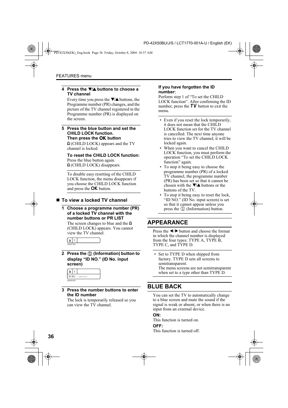 Appearance, Blue back | JVC PD-42X50BU User Manual | Page 38 / 58