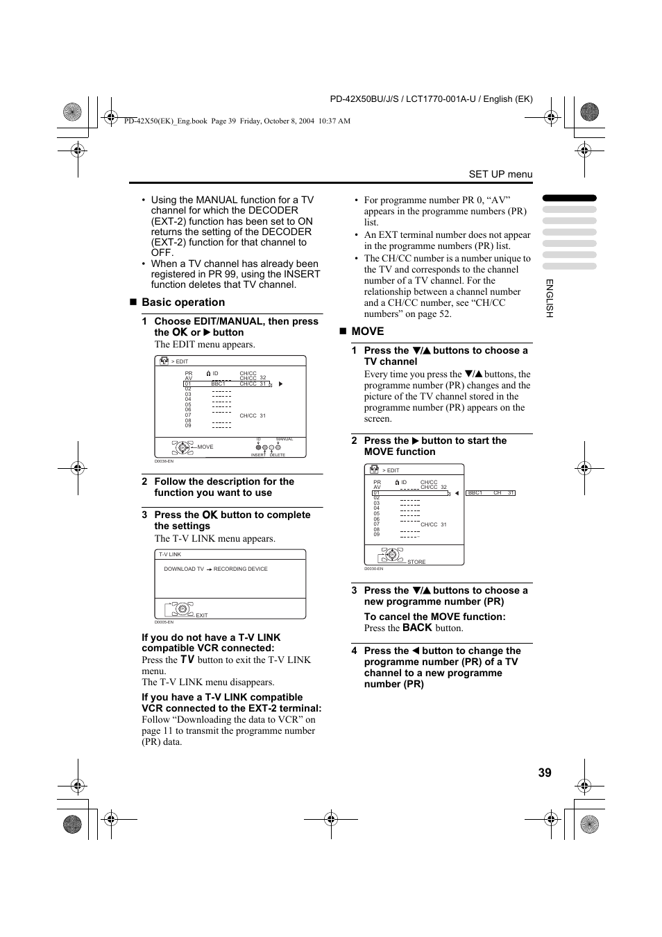 Basic operation, Move, Set up menu | JVC PD-42X50BU User Manual | Page 41 / 58