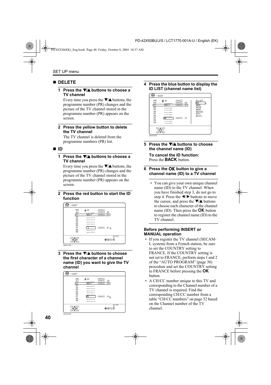 Delete, Set up menu | JVC PD-42X50BU User Manual | Page 42 / 58