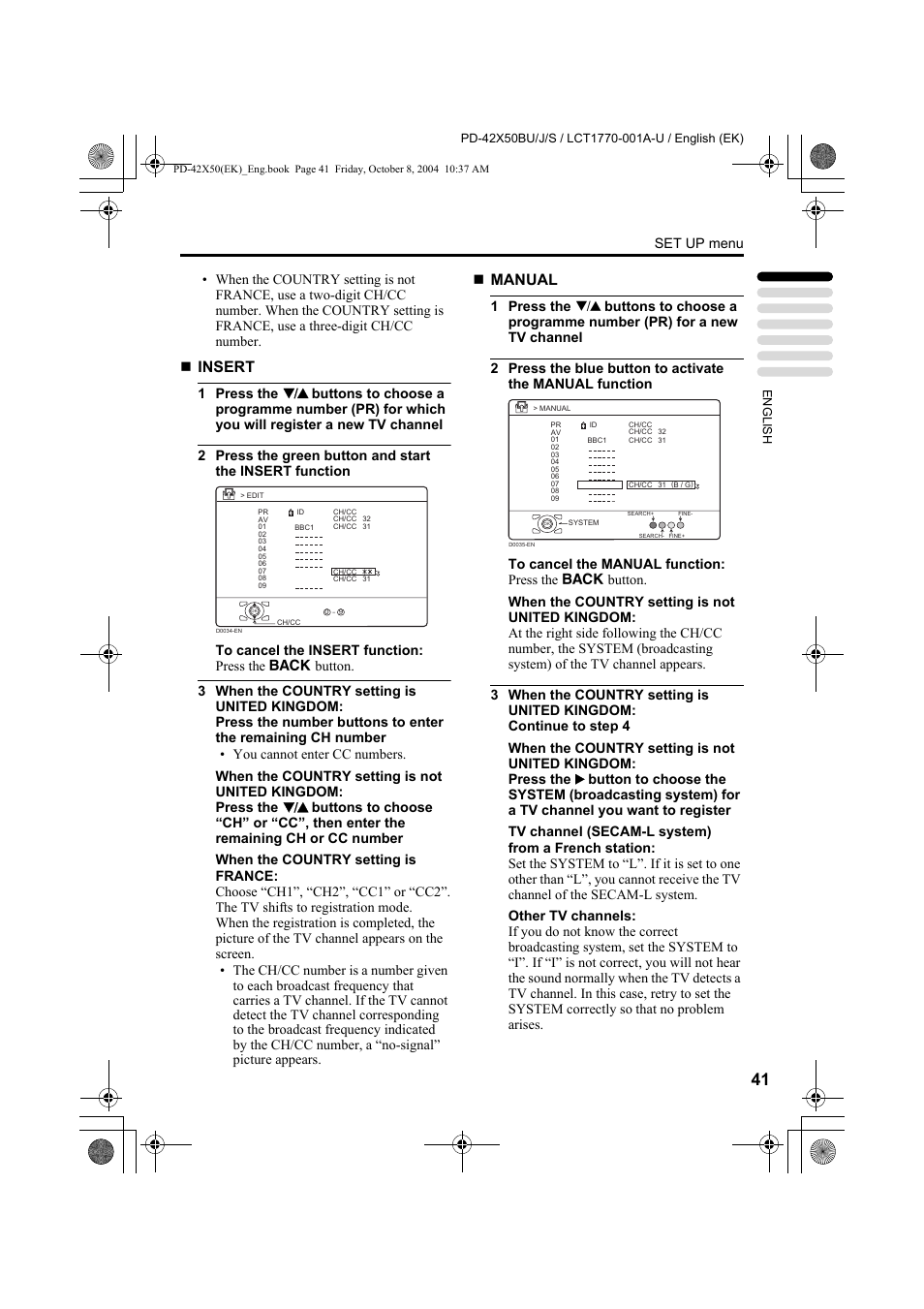 Insert, Manual, Set up menu | JVC PD-42X50BU User Manual | Page 43 / 58