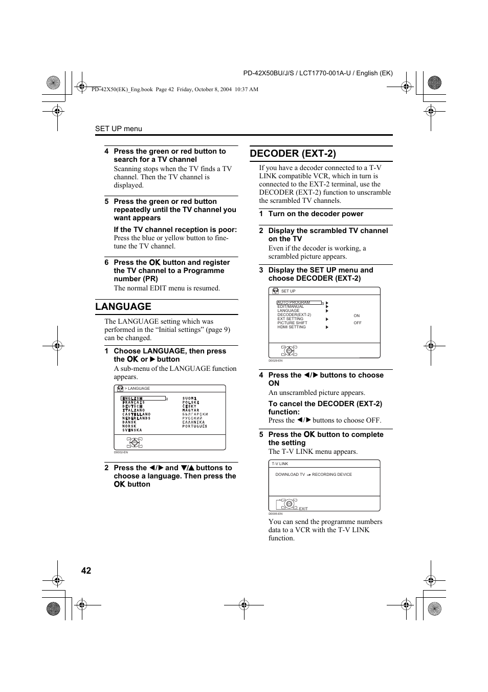 Language, Decoder (ext-2) | JVC PD-42X50BU User Manual | Page 44 / 58