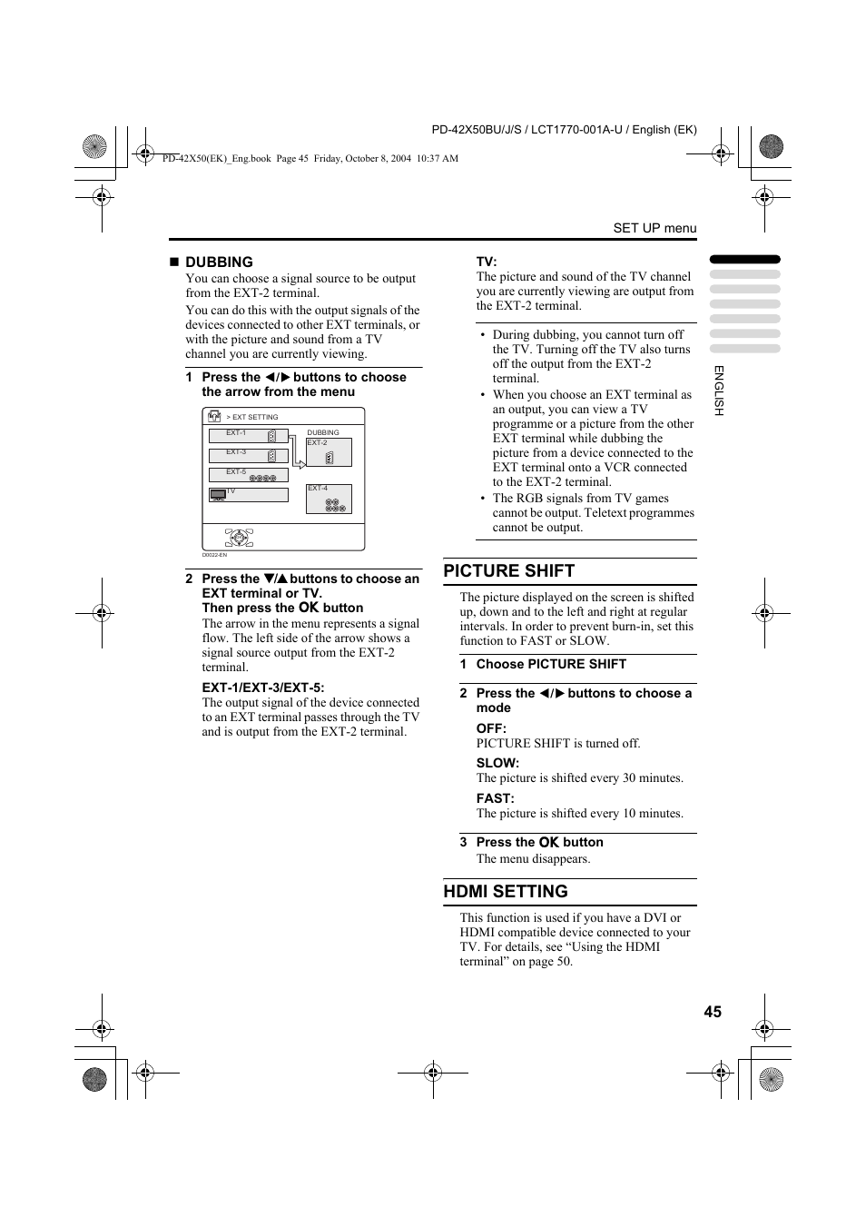 Picture shift, Hdmi setting | JVC PD-42X50BU User Manual | Page 47 / 58
