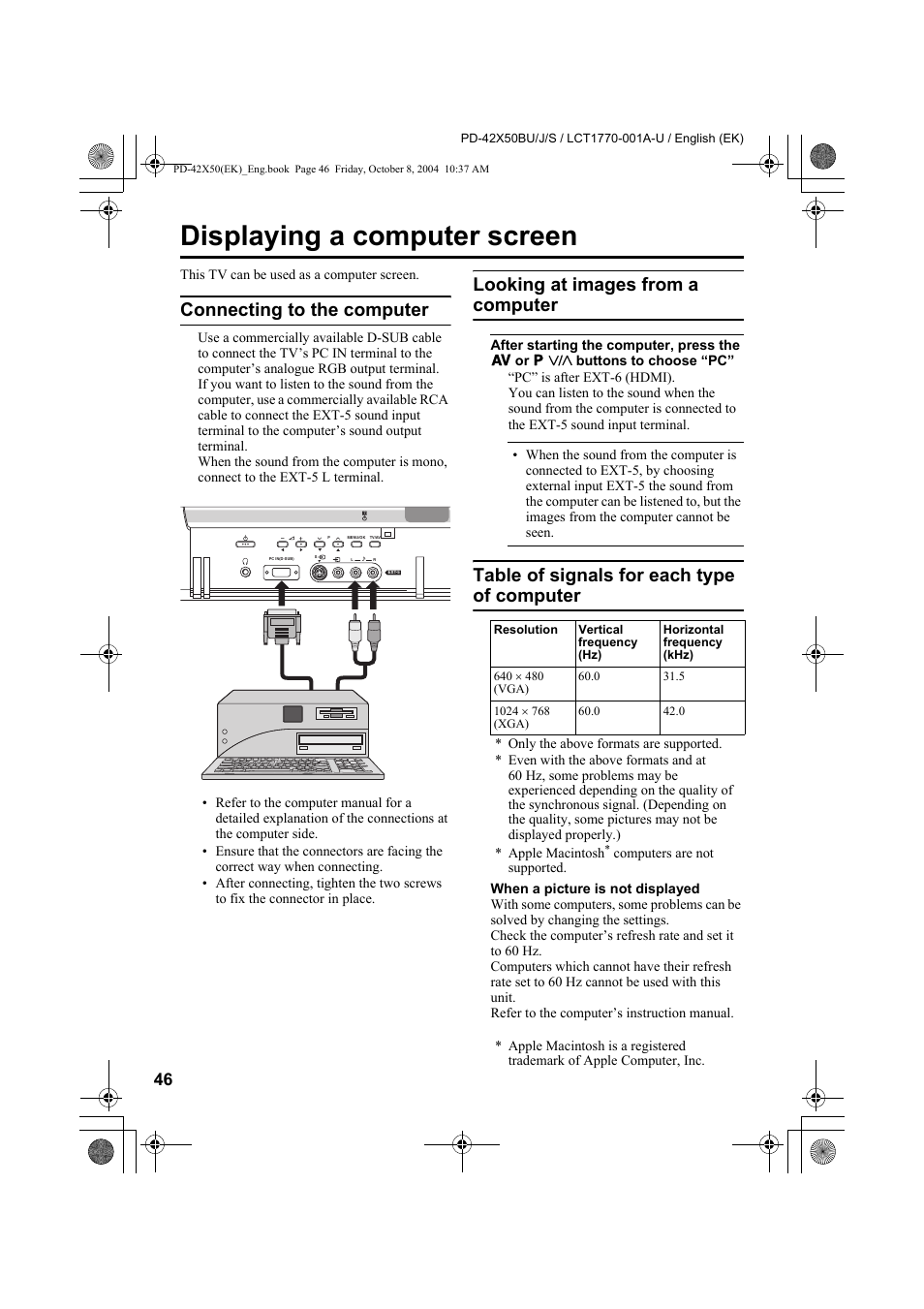 Displaying a computer screen, Connecting to the computer, Looking at images from a computer | Table of signals for each type of computer | JVC PD-42X50BU User Manual | Page 48 / 58