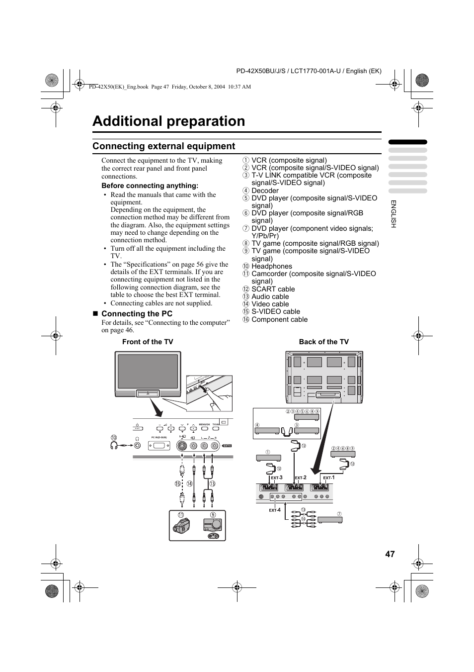 Additional preparation, Connecting external equipment | JVC PD-42X50BU User Manual | Page 49 / 58