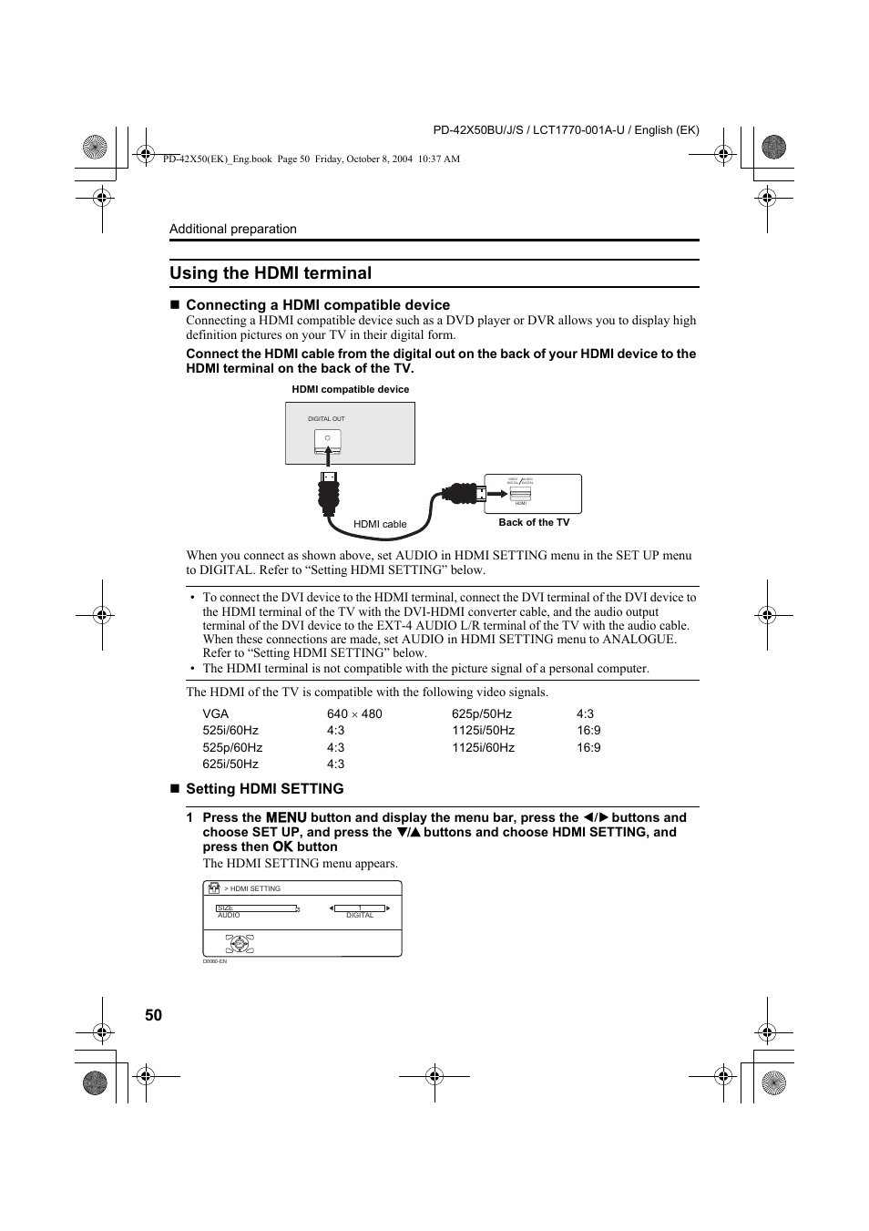 Using the hdmi terminal, Connecting a hdmi compatible device, Setting hdmi setting | JVC PD-42X50BU User Manual | Page 52 / 58