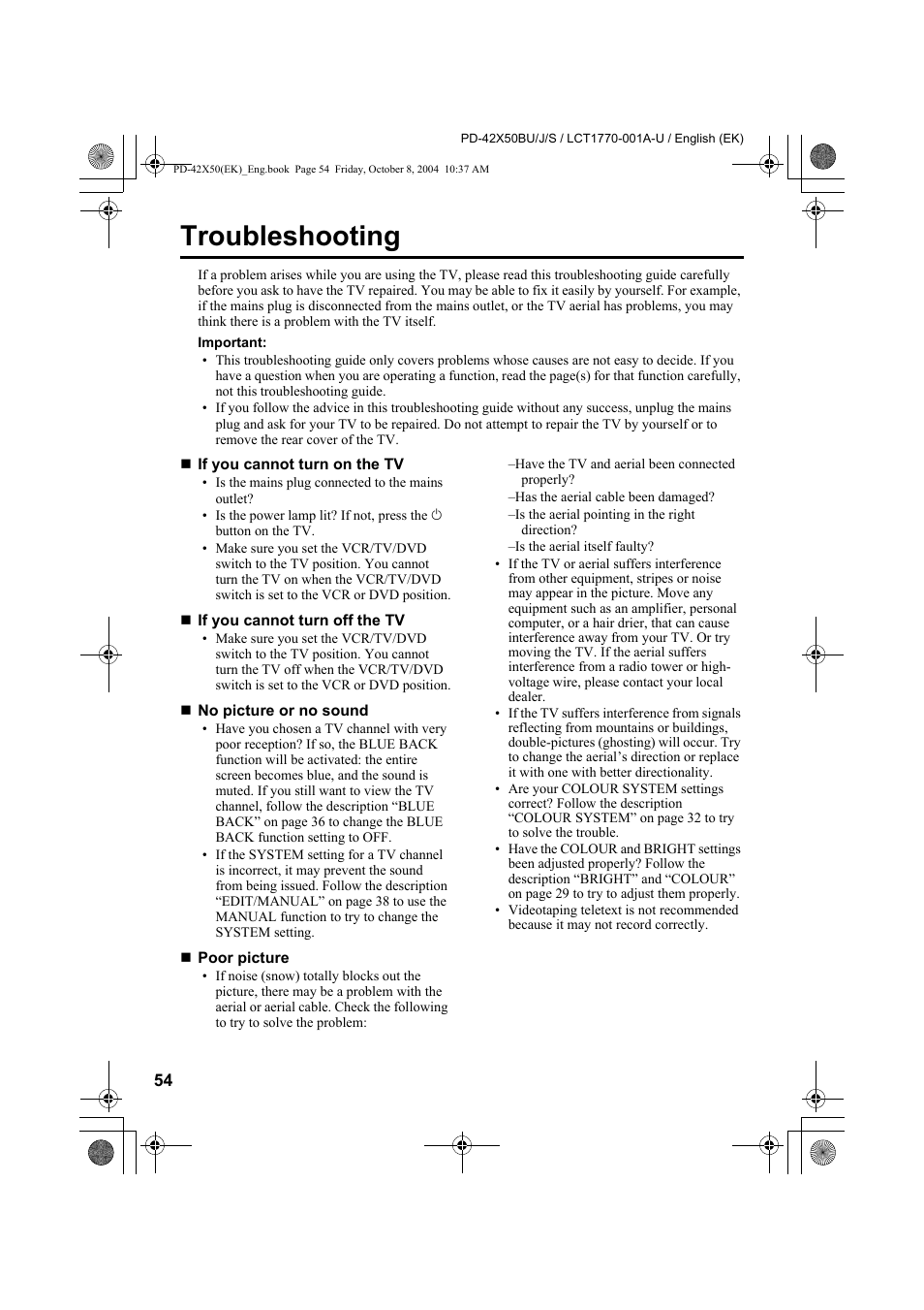Troubleshooting | JVC PD-42X50BU User Manual | Page 56 / 58